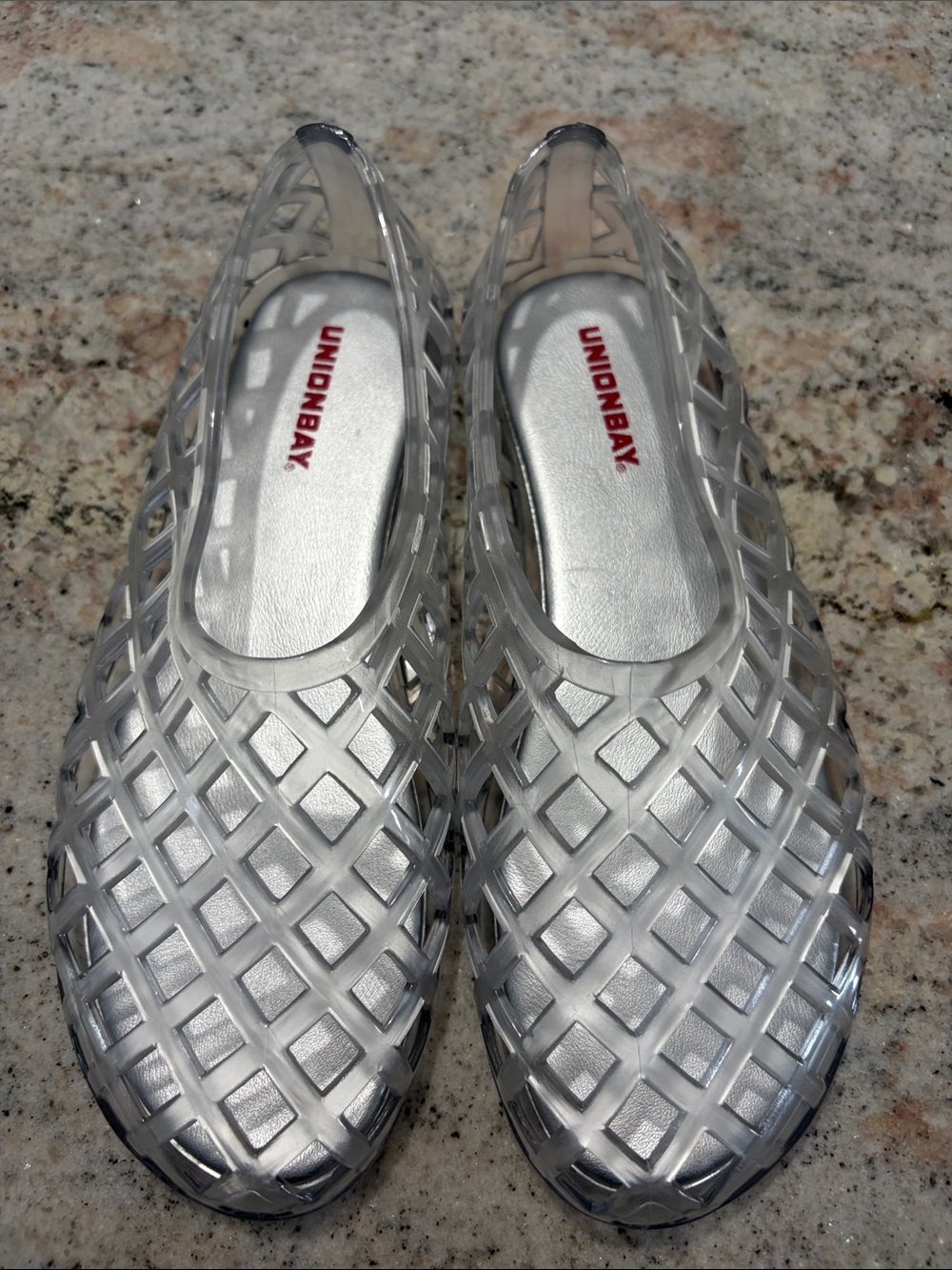 UNIONBAY Clear Silver Lattice Jelly Slip-On Mules
